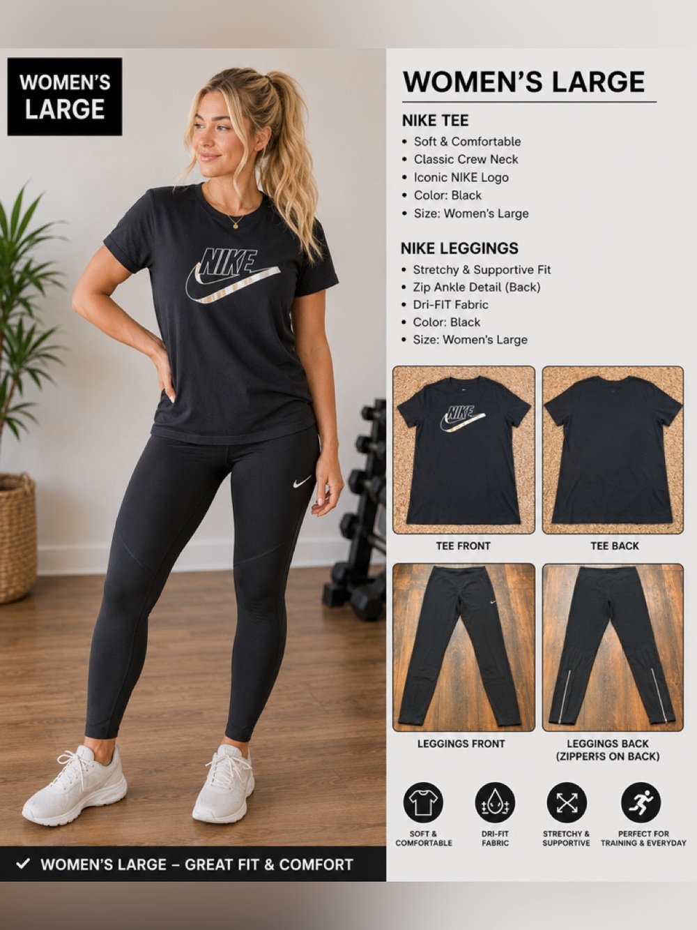 Nike Women’s large Black Tee & Black Leggings outfit